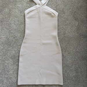 Babaton Cream Cross-Back Ribbed Halter Mini Dress